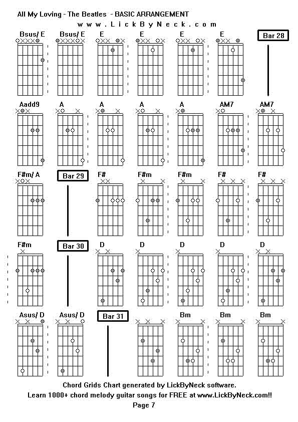 Chord Grids Chart of chord melody fingerstyle guitar song-All My Loving - The Beatles  - BASIC ARRANGEMENT,generated by LickByNeck software.